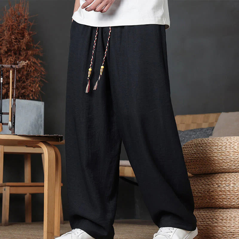 Buddha Stones Casual Plain Color Drawstring Design Men's Pants With Pockets