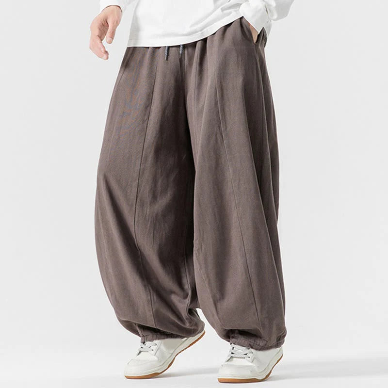 Buddha Stones Fall Solid Color Cotton Elastic Waist Men's Harem Pants With Pockets
