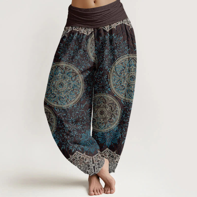 Buddha Stones Cotton Mandala Pattern Leaves Women's Elastic Waist Harem Pants