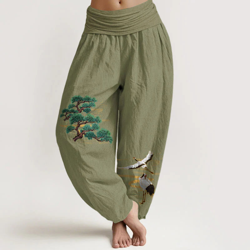 Buddha Stones Pure Cotton Elegant Colors Pine Tree Crane Pattern Women's Elastic Waist Harem Pants
