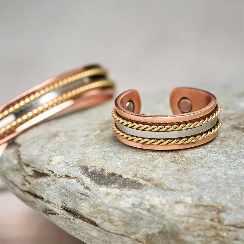 Buddha Stones Retro Twisted Design Copper Open Wealth Luck Cuff Bracelet Bangle Ring