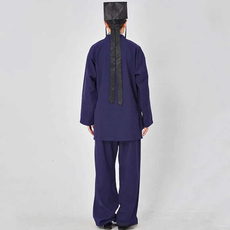 Buddha Stones 2Pcs Wudang Fall Solid Frog-Button Long Sleeve Linen Unisex Taoist Robe Kimono Pants Qigong Ceremony Suit