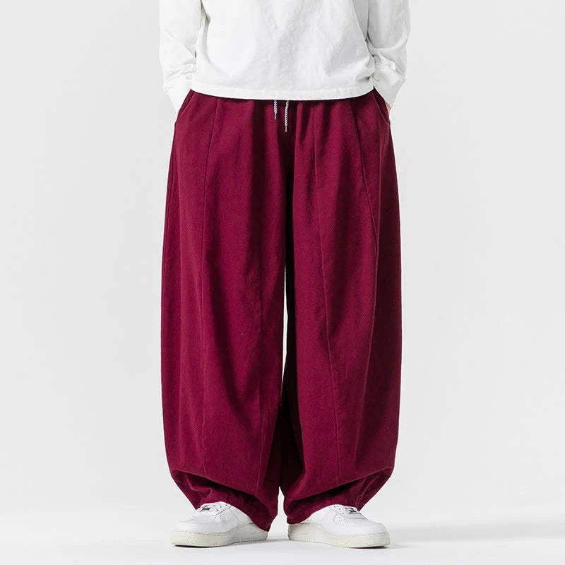 Buddha Stones Winter Commute Plain Drawstring Design Men's Wide Leg Cotton Pants With Pockets