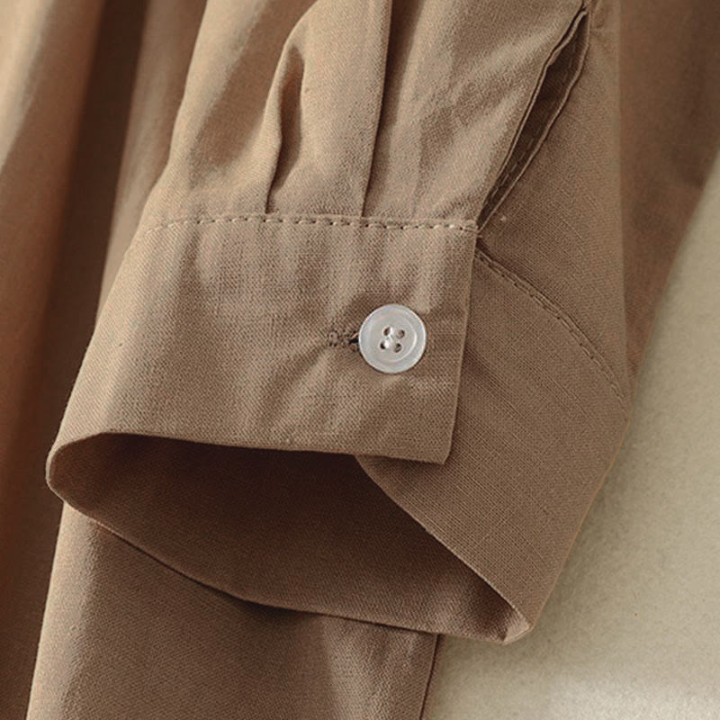 Buddha Stones Fall Solid Color Lapel Buttons Long Sleeve Cotton Midi Dress With Pockets