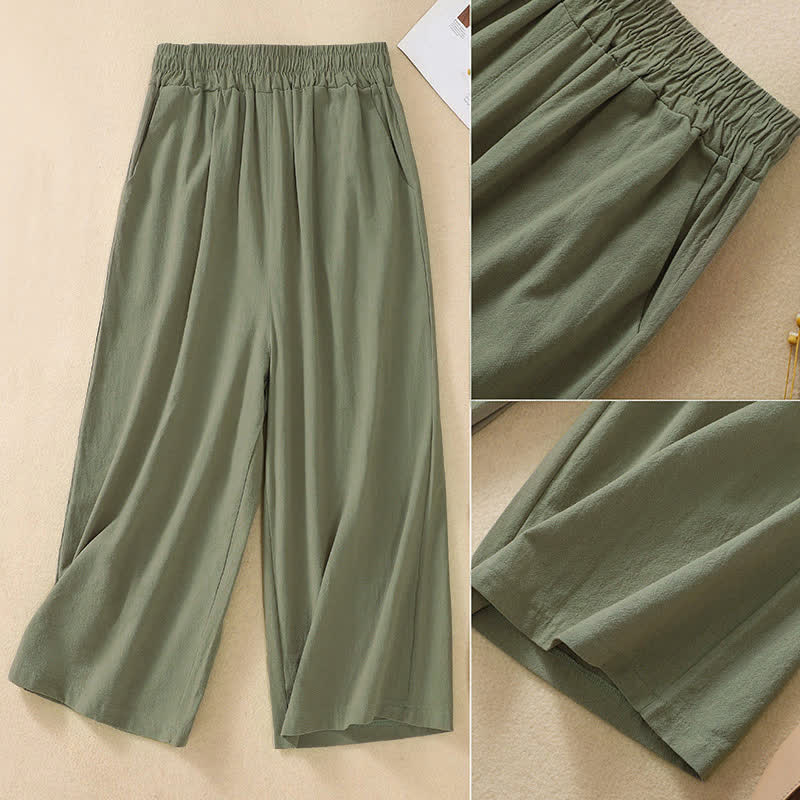 Buddha Stones High Waist Capri Cropped Women's Wide Leg Cotton Pants With Pockets