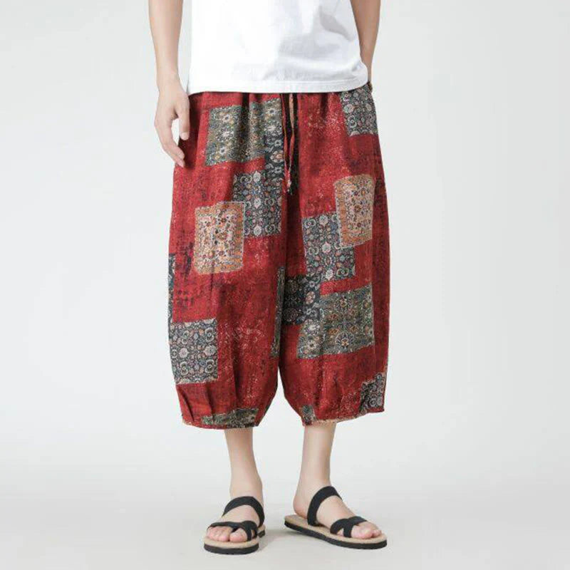 Buddha Stones Summer Square Patchwork Elephant Mandala Geometry Cotton Linen Men's 7-8 Length Pants With Pockets