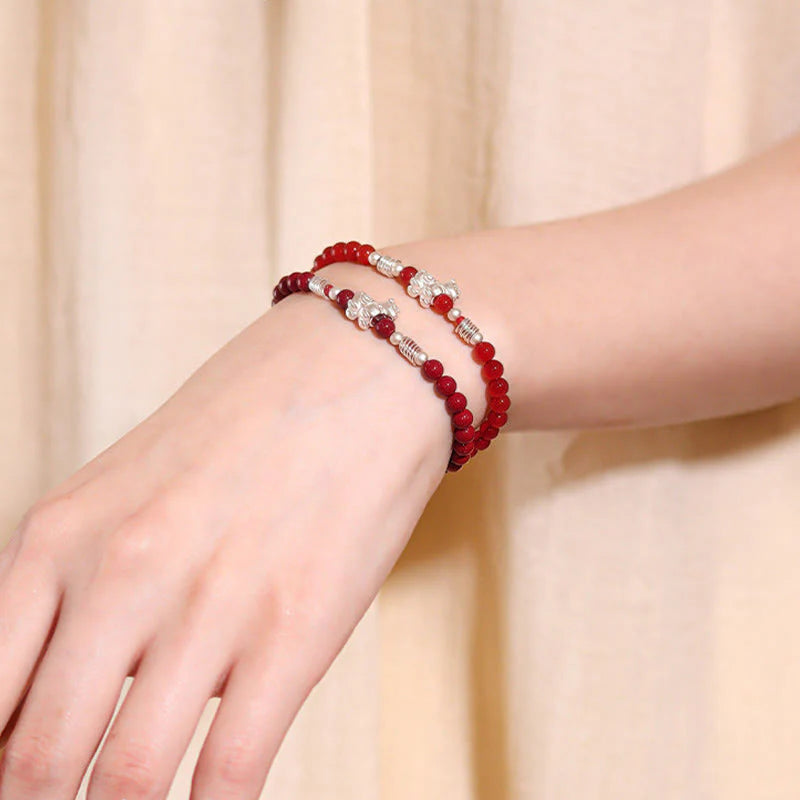 Buddha Stones Year Of The Horse Red Agate 999 Sterling Silver Cinnabar Calm Bracelet