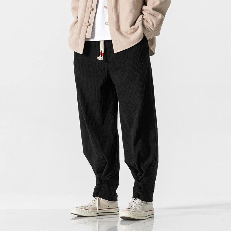 Buddha Stones Fall Winter Men's Pure Color Button Design Cotton Straight Leg Pants With Pockets
