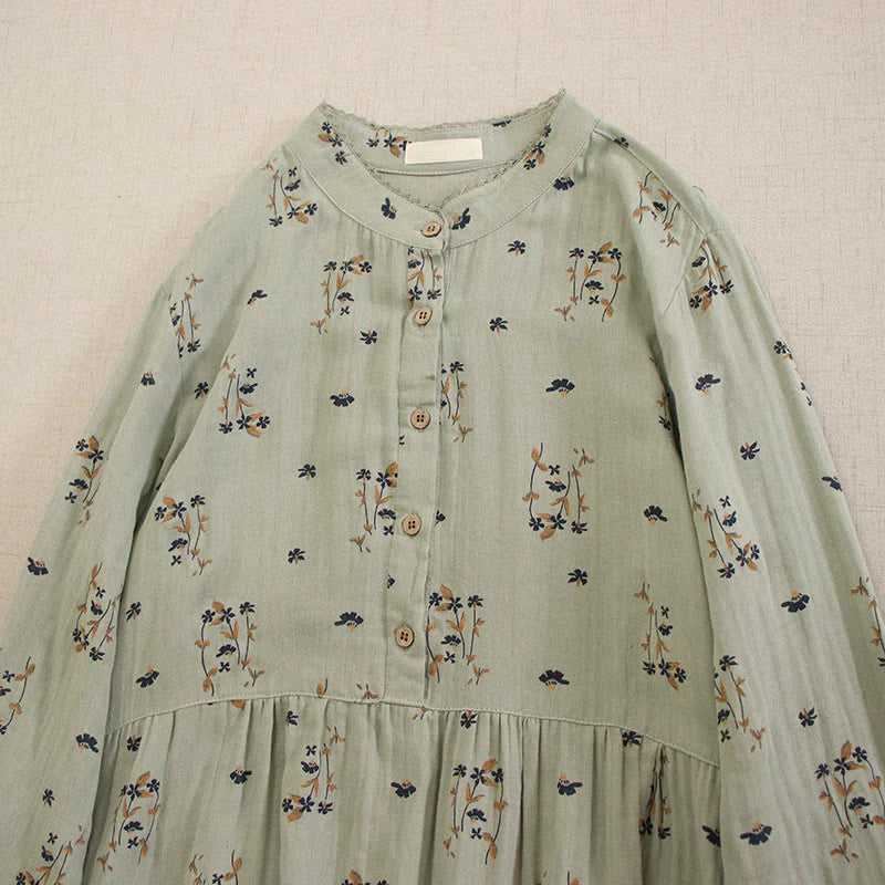 Buddha Stones Spring Small Floral Print Buttons Design Crew Neck Long Sleeve Midi Dress With Pockets