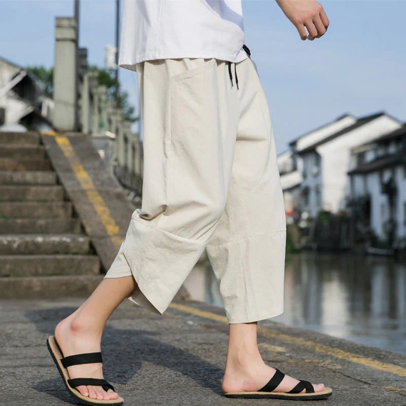 Buddha Stones Summer Casual Simple Plain Tapered Design Drawstring Men's  7-8 Length Cotton Linen Pants With Pockets