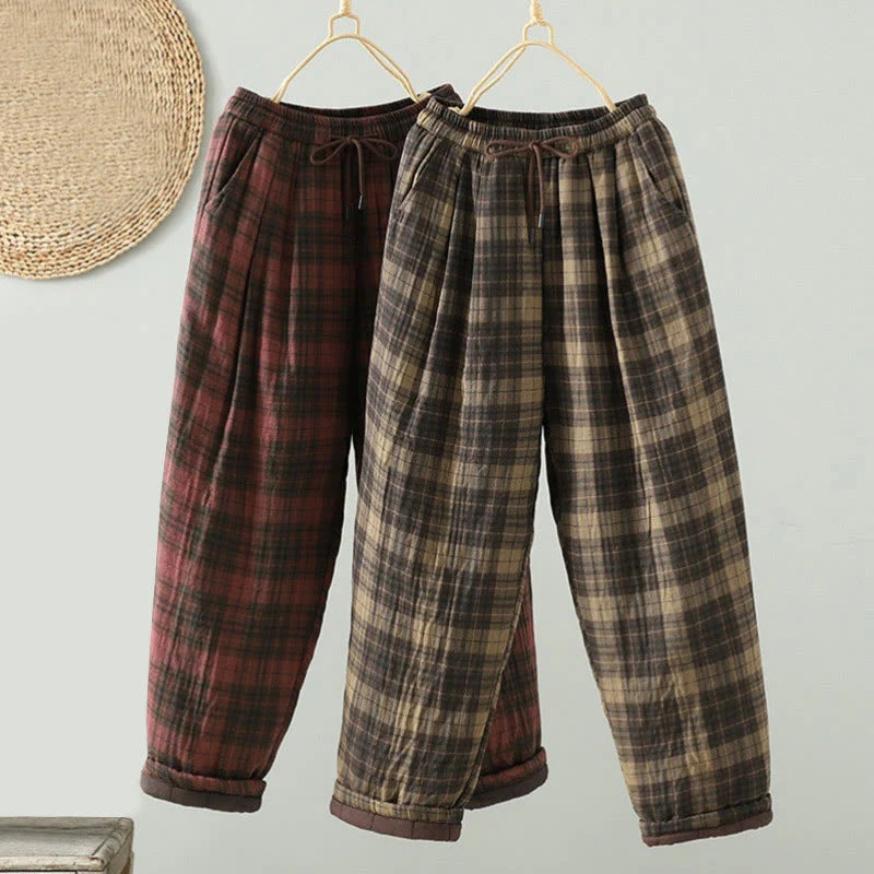 Buddha Stones Multi-color Plaid Pattern Cotton-padded Women's Harem Thermal Pants With Pockets