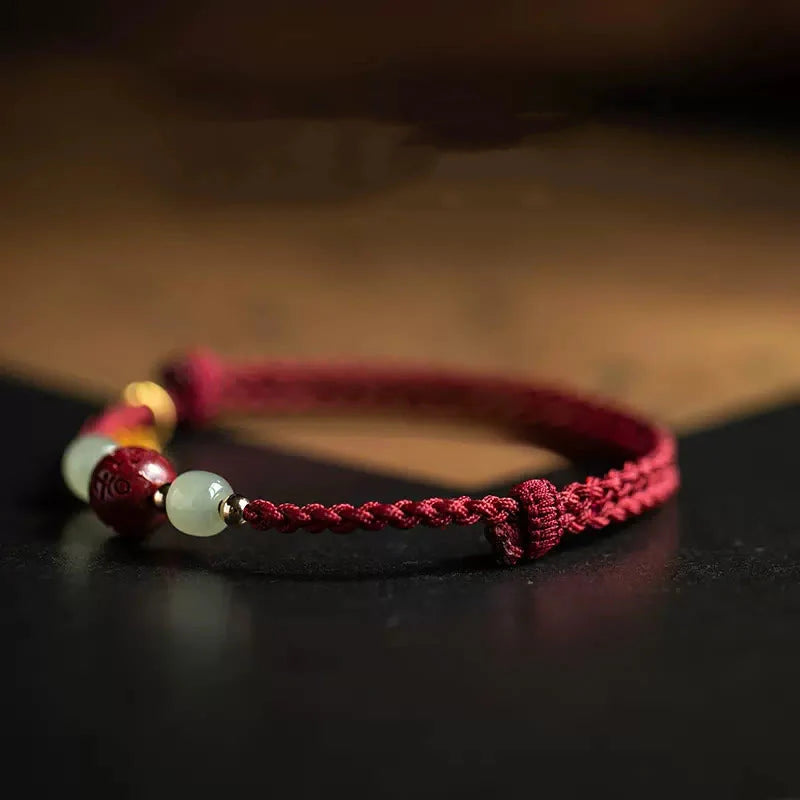 Buddha Stones Fu Character Hetian Jade Bead Om Mani Padme Hum Cinnabar Red String Prosperity Bracelet