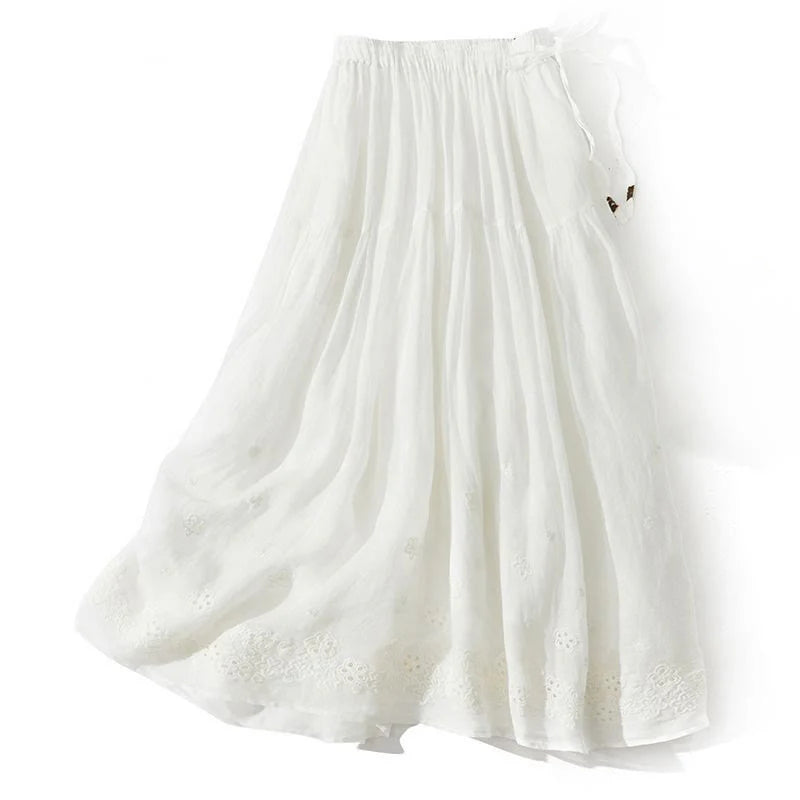 Buddha Stones Embroidery Hollow Design A-line Drawstring High Waist Women's Skirt With Pockets