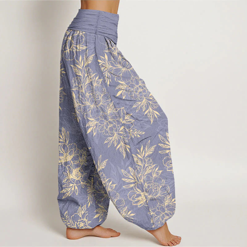 Buddha Stones Cotton Complicated Flowers Leaves Pattern Women's Elastic Waist Harem Pants