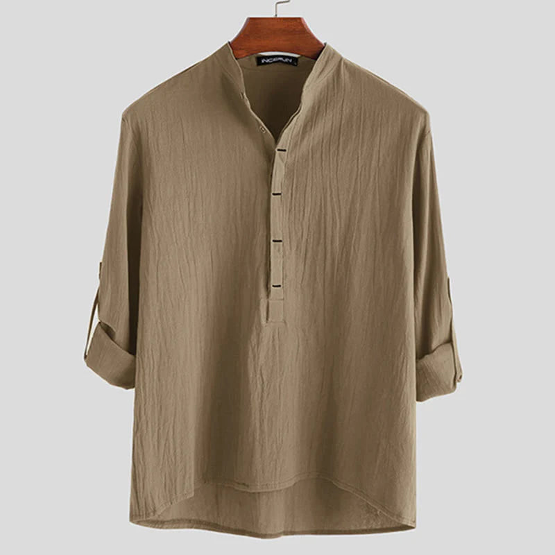 Buddha Stones Solid Color Half Buttons Long Sleeve Cotton Linen Men's Shirts