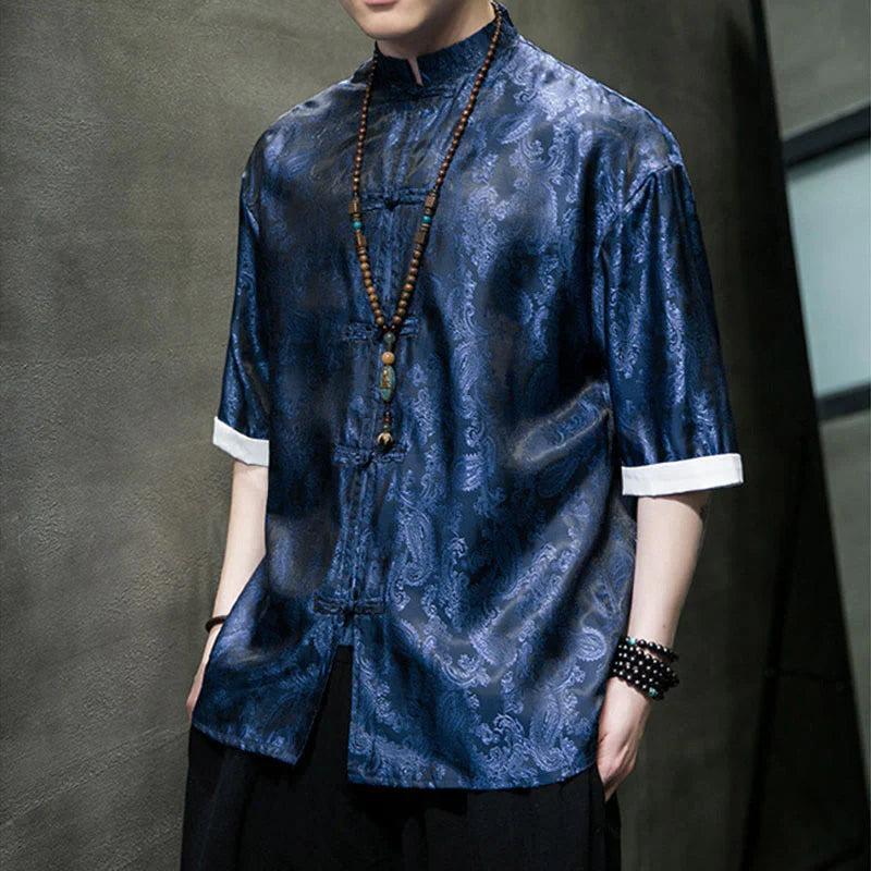 Buddha Stones Summer Cashew Flowers Pattern Men's Frog-Button Half Sleeve Shirts