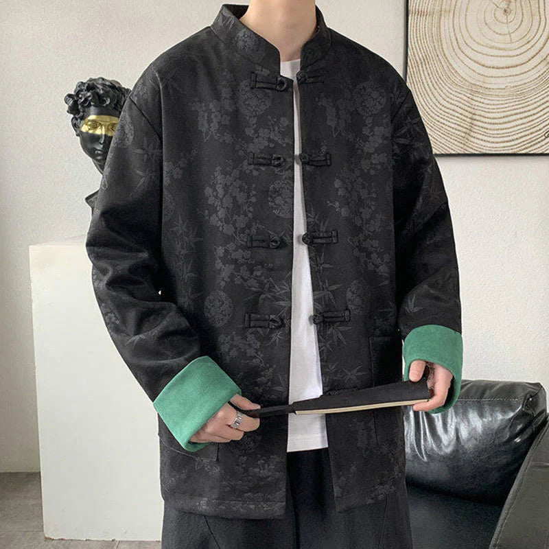 Buddha Stones Fall Jacquard Bamboo Frog-button Long Sleeve Men's Cotton Jacket With Pockets