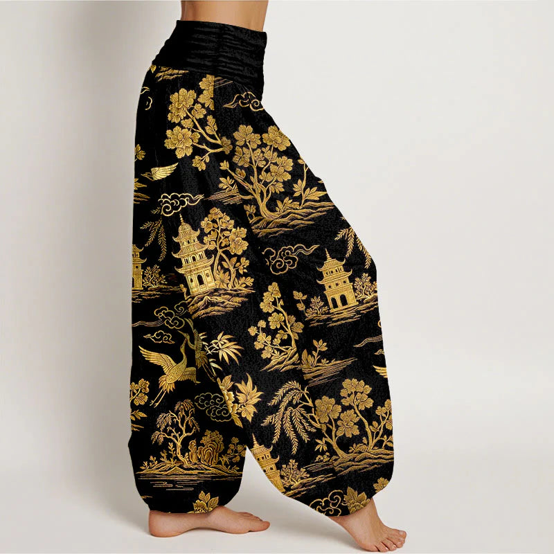 Buddha Stones Cotton Gorgeous Tree Crane Architecture Cloud Peony Pattern Women's Elastic Waist Harem Pants