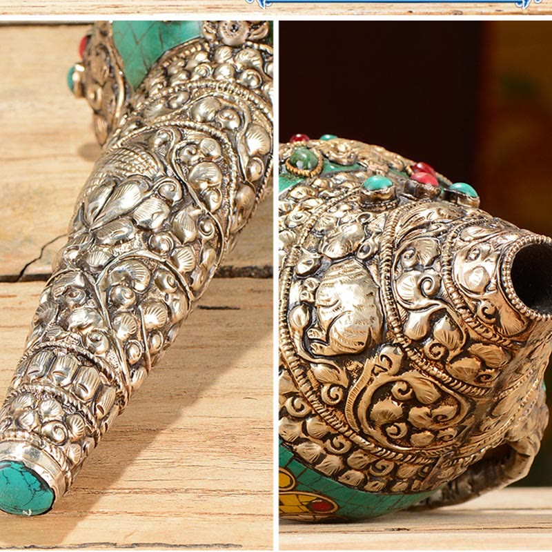 Buddha Stones Tibetan Handmade Engraved Shankha Double Dorje Buddha Conch Shell Wealth Positive Decoration