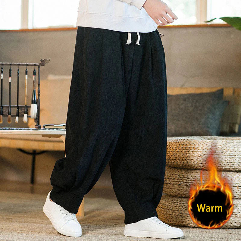 Buddha Stones Retro Men's Plain Fleece-Lined Corduroy Simple Design Harem Pants With Pockets