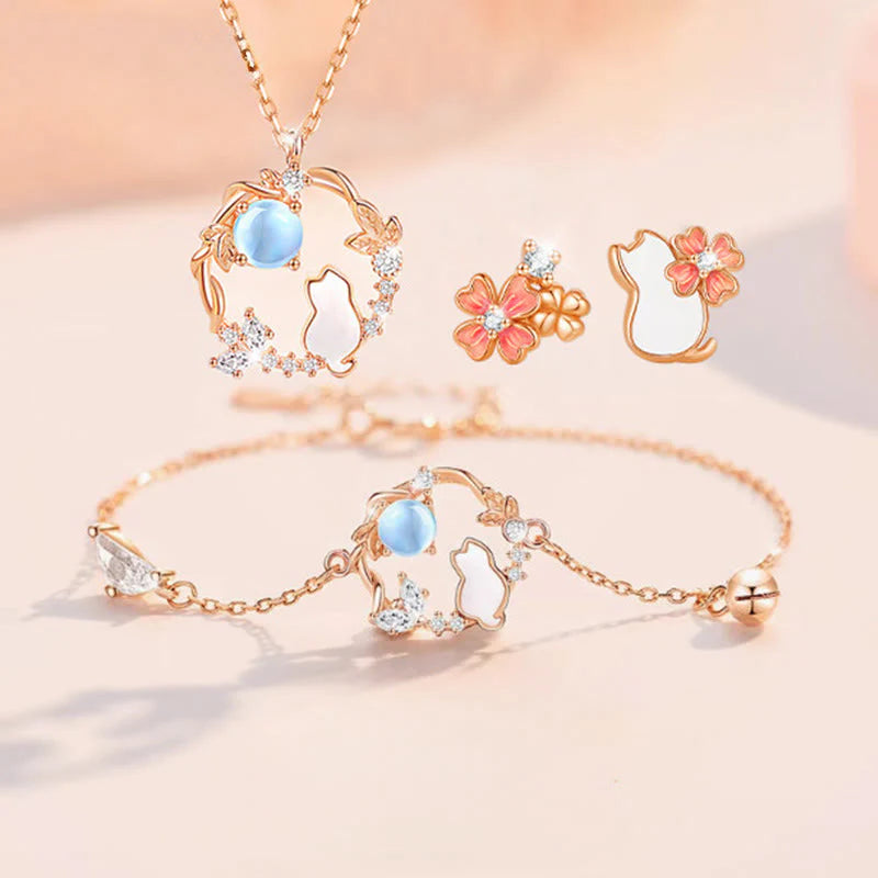 Buddha Stones 925 Sterling Silver Cat Flower Blessing Earrings Bracelet Necklace Pendant