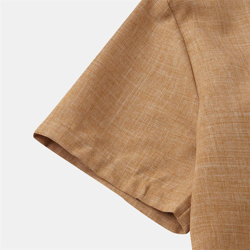 Buddha Stones Summer Men's Button Plain Short Sleeve Cotton Shirt With Pocket