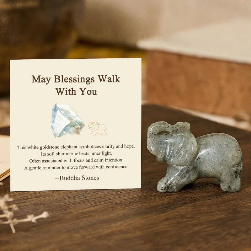 Buddha Stones ''May Blessings Walk With You'' Natural Small Elephant Amazonite Amethyst Jade Black Obsidian Stone Decoration Includes Gift Message Card