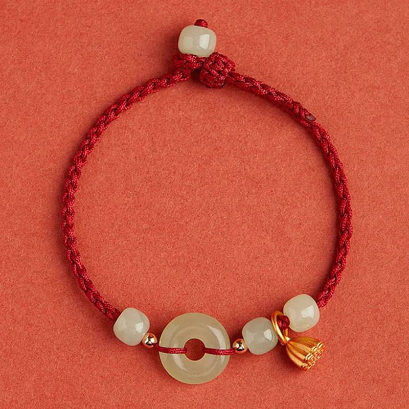 Buddha Stones Round Peace Buckle Jade Lotus Happiness Abundance Wealth String Bracelet