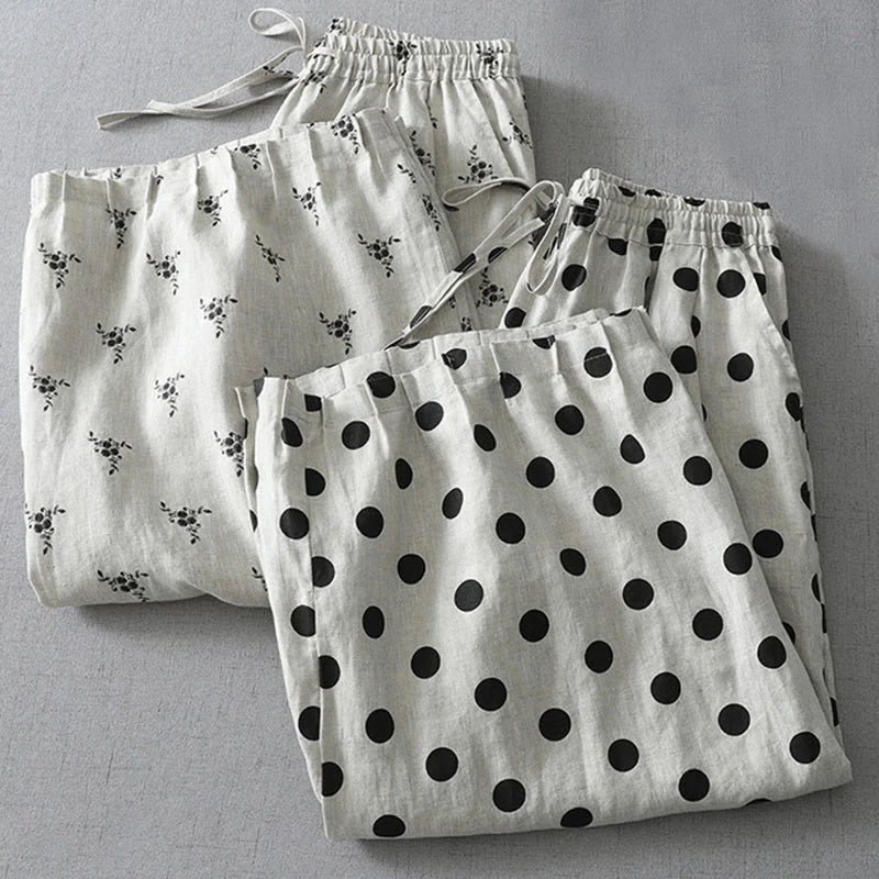 Buddha Stones Polka Dot Floral Pattern Pattern Women's Cotton Linen Harem Pants With Pockets