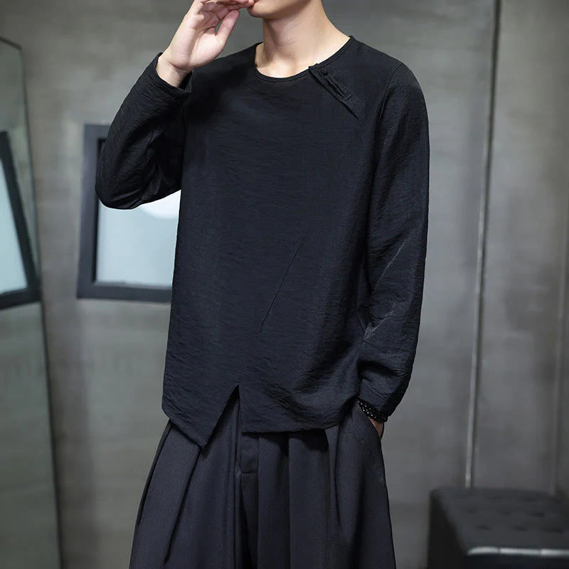 Buddha Stones Solid Color Loose Long Sleeve Round Neck Men's Shirts