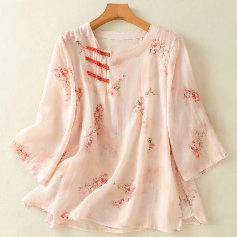 Buddha Stones Plant Printed Crew Neck Frog Button Design Women's Polyester Three Quarter Sleeve Shirt
