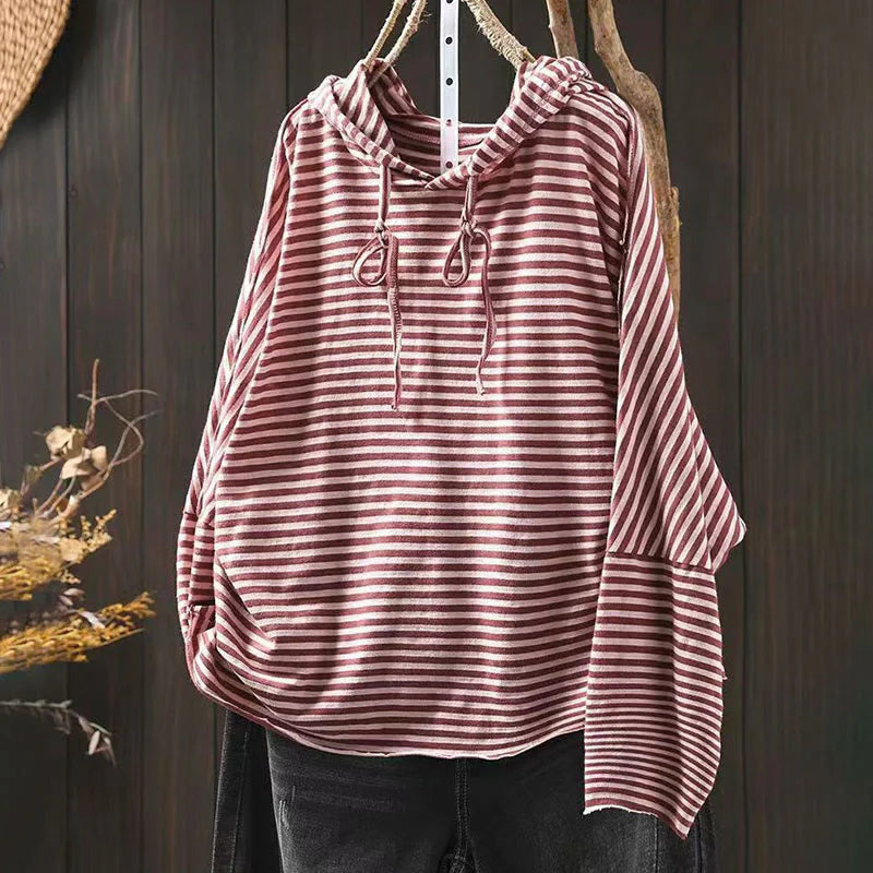 Buddha Stones Spring Striped Pattern Long Sleeve Women's Cotton Hoodie