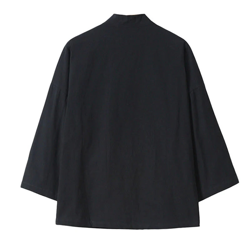 Buddha Stones Embroidery Flying White Cranes Cotton Linen Open Front Jacket Men's Kimono