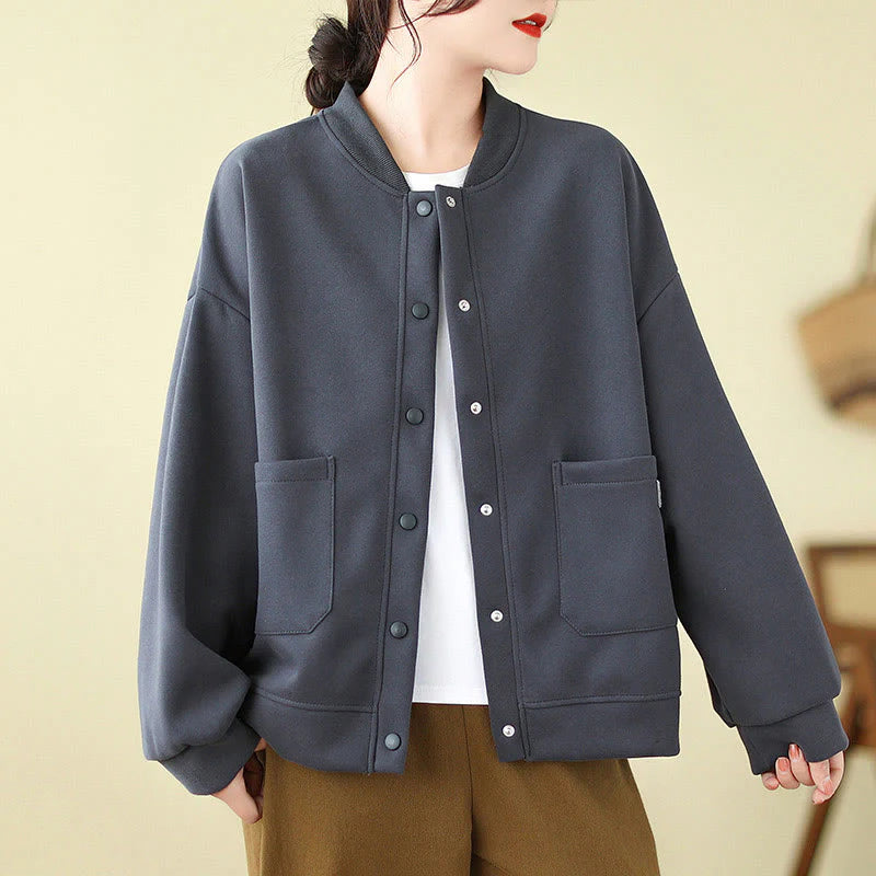Buddha Stones Plain Women's Buttons Crew Neck Long Sleeve Cotton Jacket With Pockets