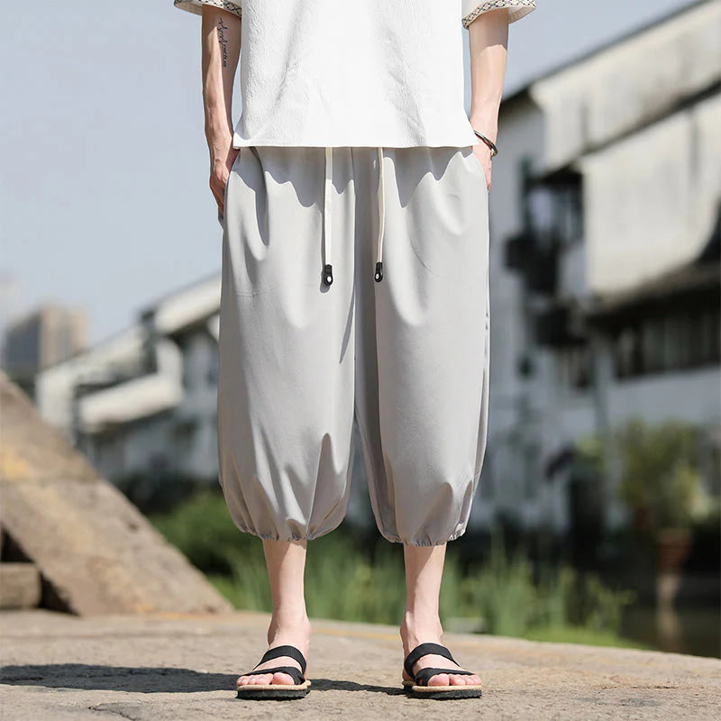 Buddha Stones Solid Drawstring Men's Capri Cropped Harem Pants With Pockets