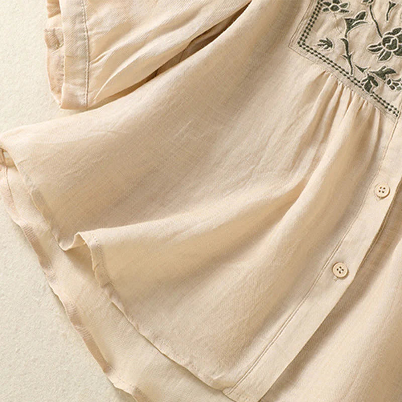 Buddha Stones Embroidery Single Breasted Women's Cotton Linen Three Quarter Sleeve Shirt