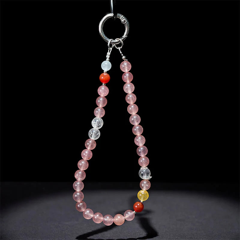 Buddha Stones 8mm Colorful Beads Strawberry Quartz Positive Key Chain Phone Hanging Decoration