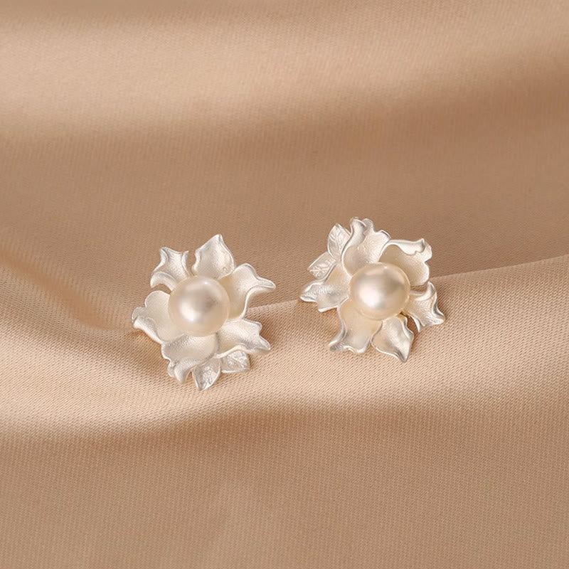 Buddha Stones Natural Pearl Copper Flower Healing Stud Earrings