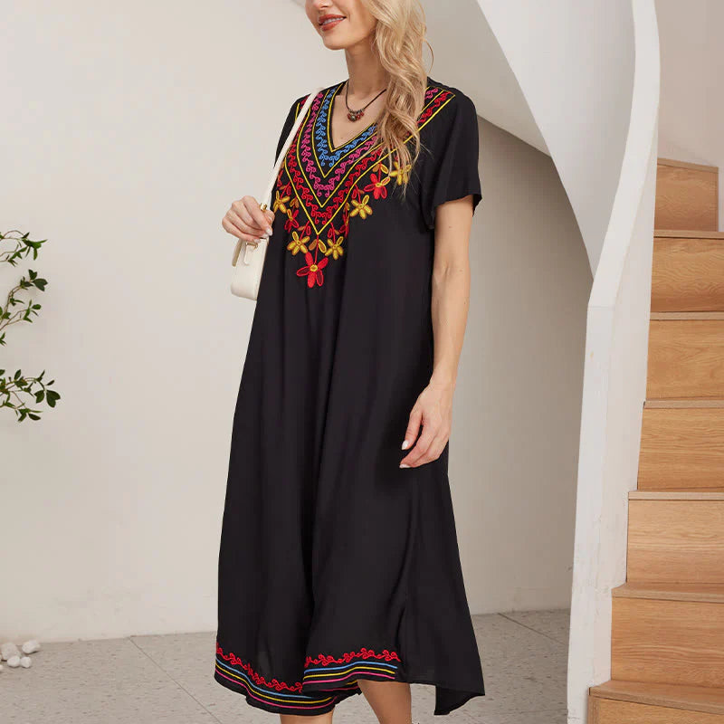 Buddha Stones Black Summer Casual Bohemian Embroidery Geometric Pattern Short Sleeve V-Neck Cotton Midi Dress