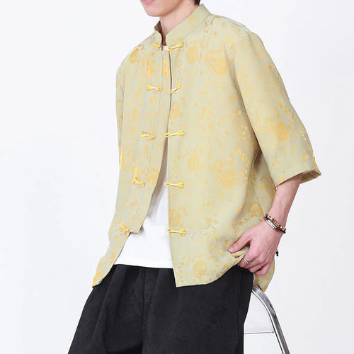 Buddha Stones Summer Vintage Elegant Mandarin Collar Gold Cloud Pattern Elbow Sleeve Men's Shirt