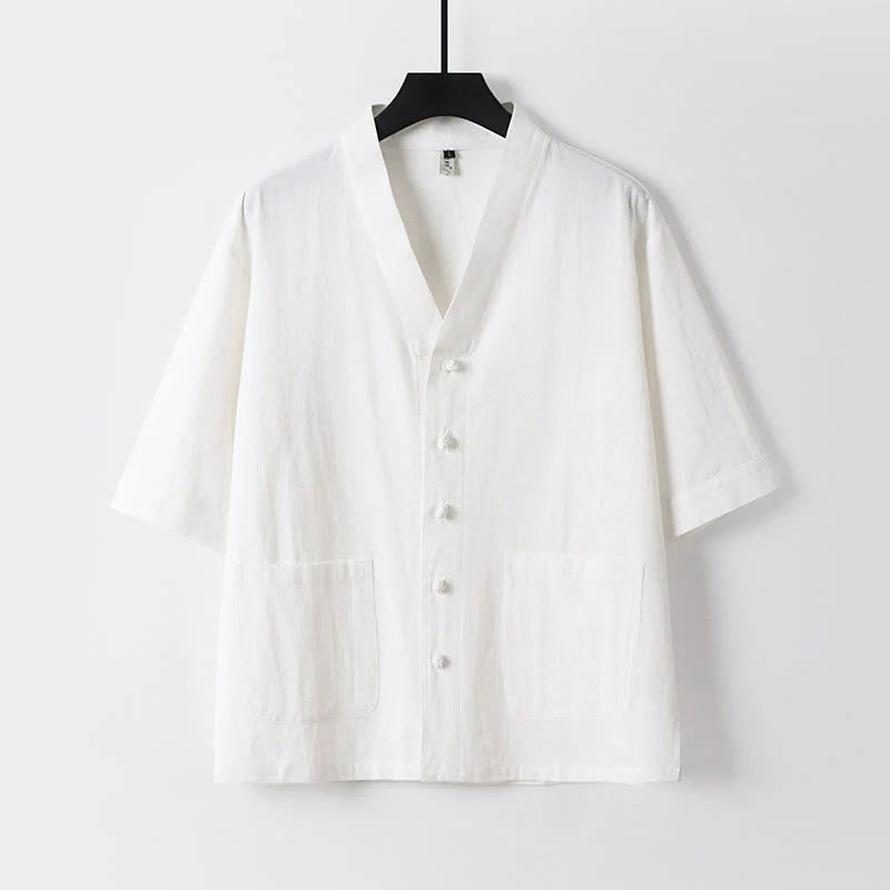 Buddha Stones Casual Plain Color Three Quarter Sleeve Front Button Cotton Linen Men's Shirt With Pockets