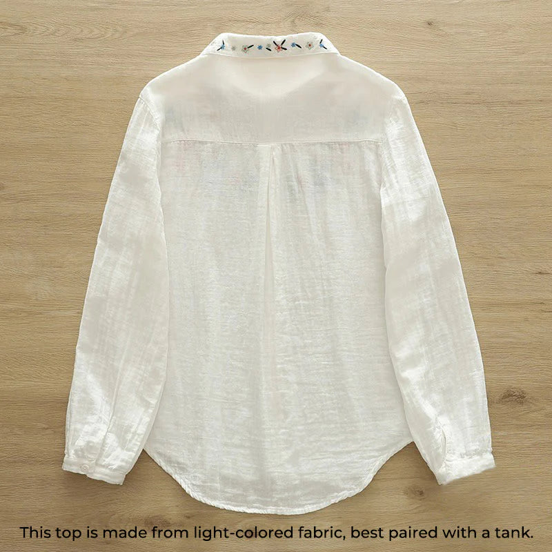 Buddha Stones Fall White Colorful Floral Embroidery Buttons Women's Cotton Long Sleeve Shirt