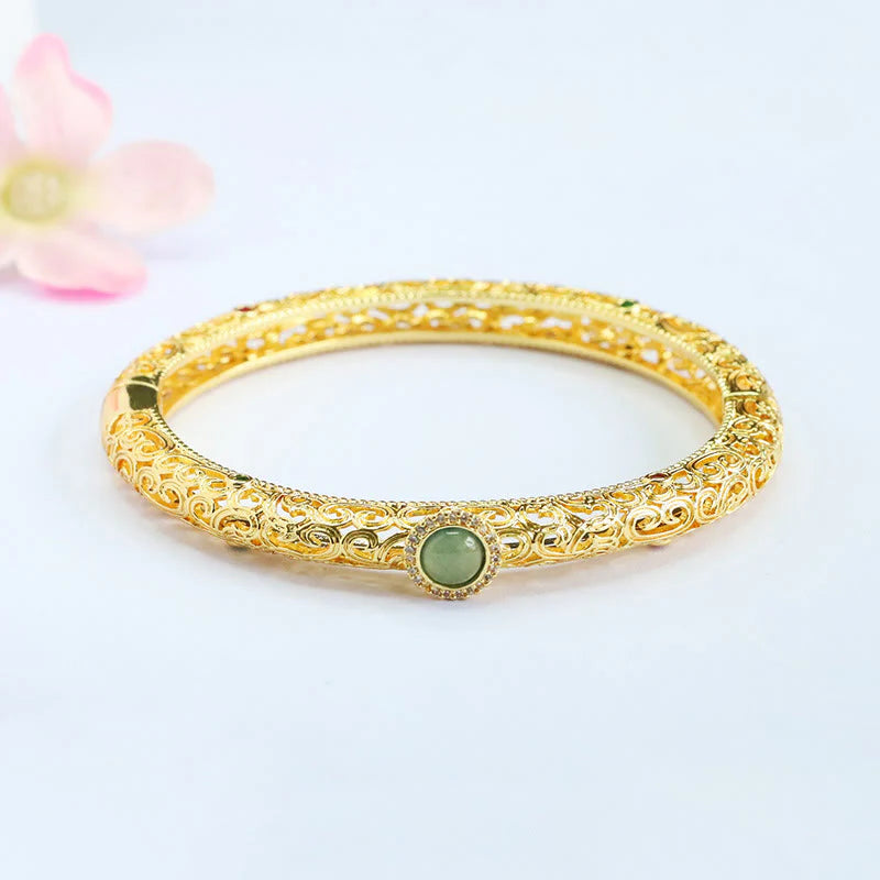 Buddha Stones Cloud Pattern Jade Copper Luck Bracelet Bangle 2.36 IN (60 MM)