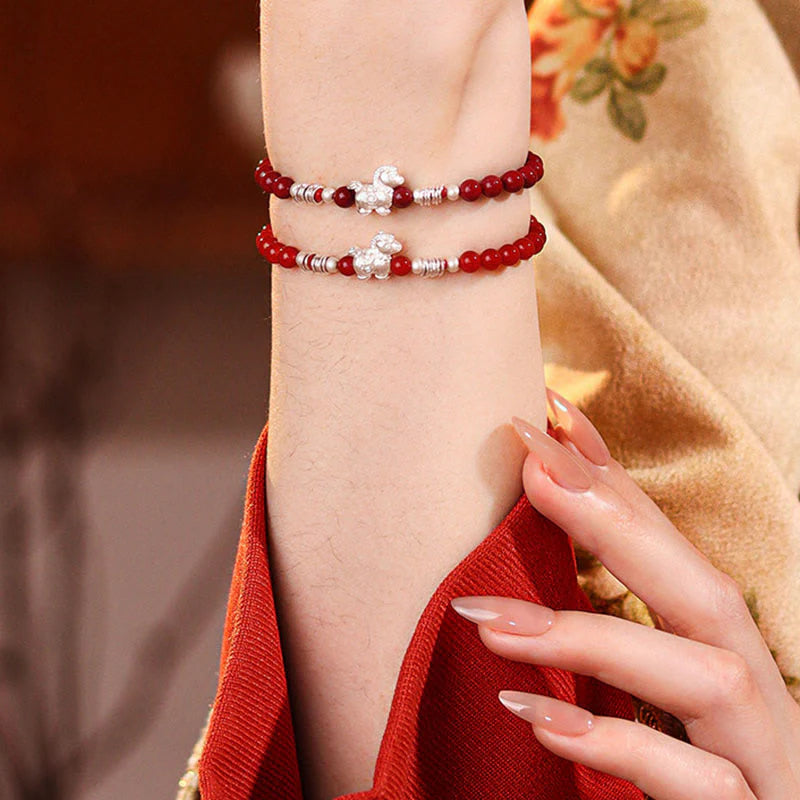 Buddha Stones Year Of The Horse Red Agate 999 Sterling Silver Cinnabar Calm Bracelet