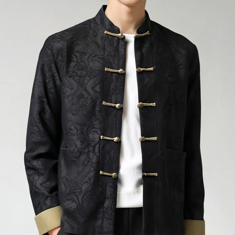 Buddha Stones Spring Jacquard Men's Frog-Button Cotton Long Sleeve Jacket With Pockets