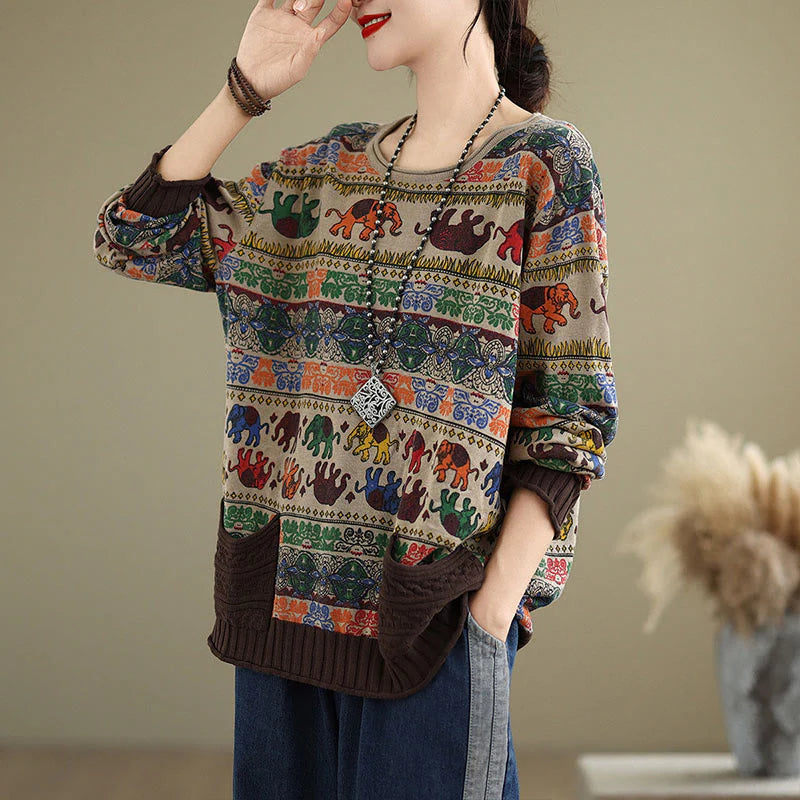 Buddha Stones Fall Elephant Pattern Knitted Cotton Women's Long Sleeve Sweater With Pockets