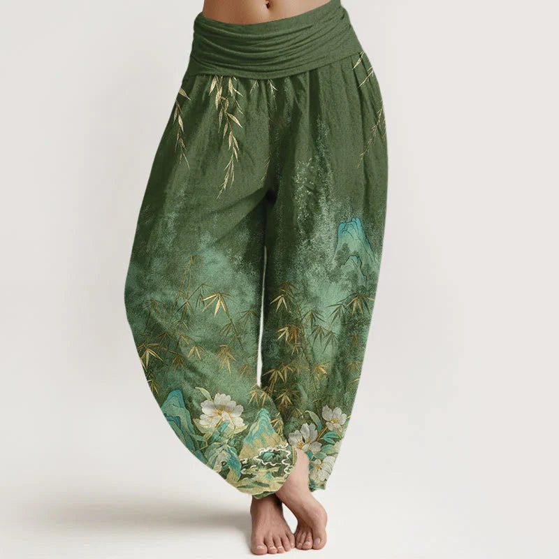 Buddha Stones Cotton Natural Landscape Bamboo Flowers Pattern Women's Elastic Waist Harem Pants