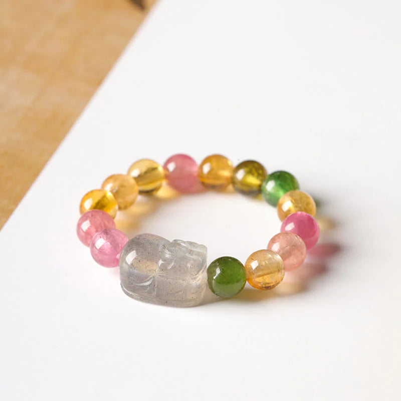 Buddha Stones Natural Tourmaline Lucky Pearl Pixiu Amber Positive Love Ring