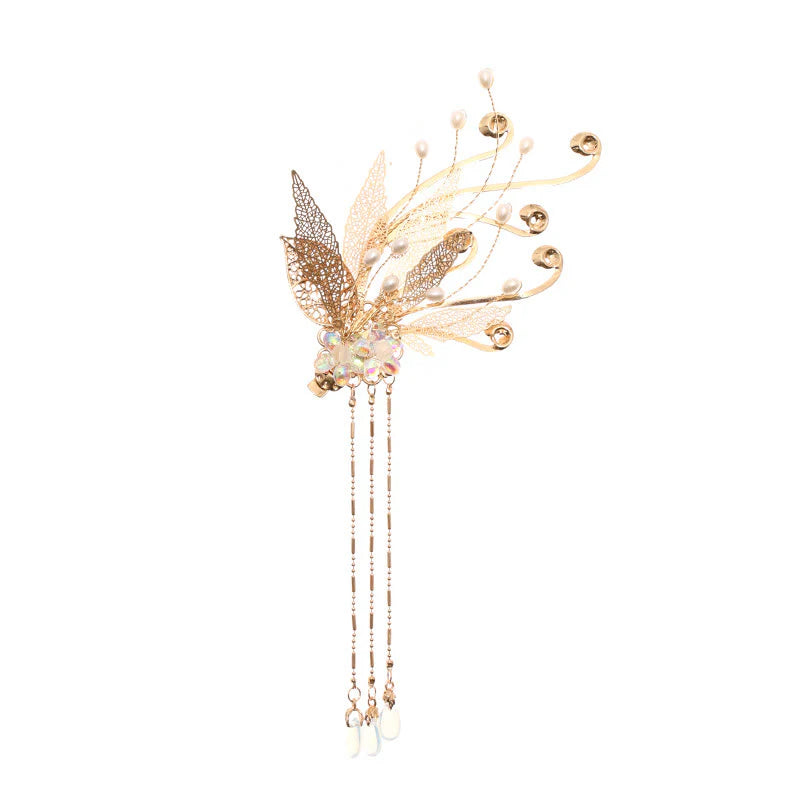 Buddha Stones Traditional Chinese Golden Leaf Flower Tassel Hair Clip