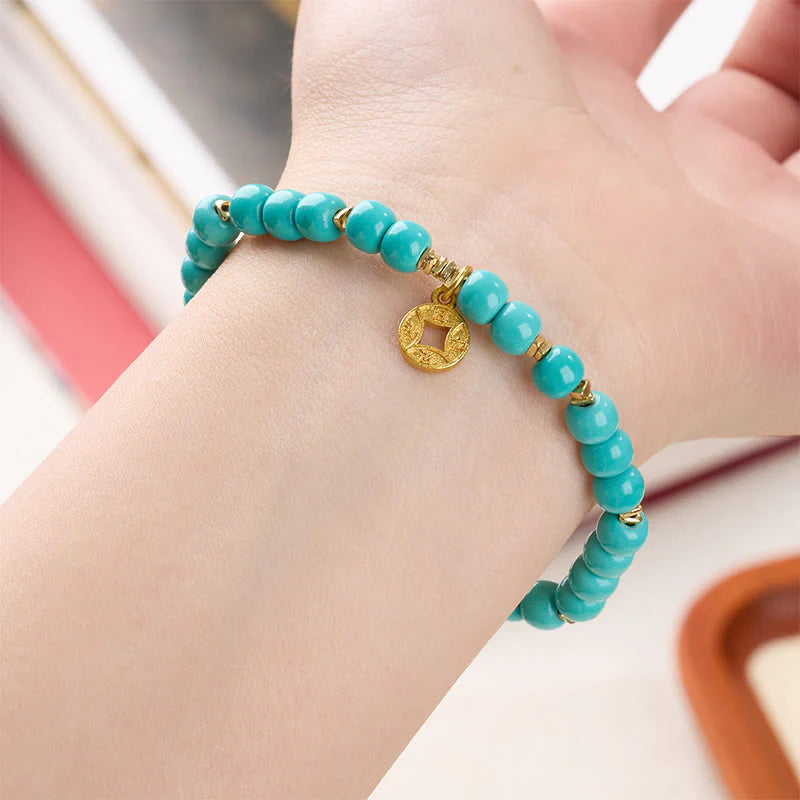 Buddha Stones Copper Coins Charm Imitation Turquoise Bracelet